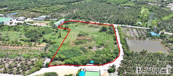 ที่สวย 10 ไร่เศษ หน้ากว้าง 148 ม. ติดถนน 3 ด้าน รถเทรลเลอร์ลุยสบาย ใกล้นิคมสมุทรสาคร พระราม 2