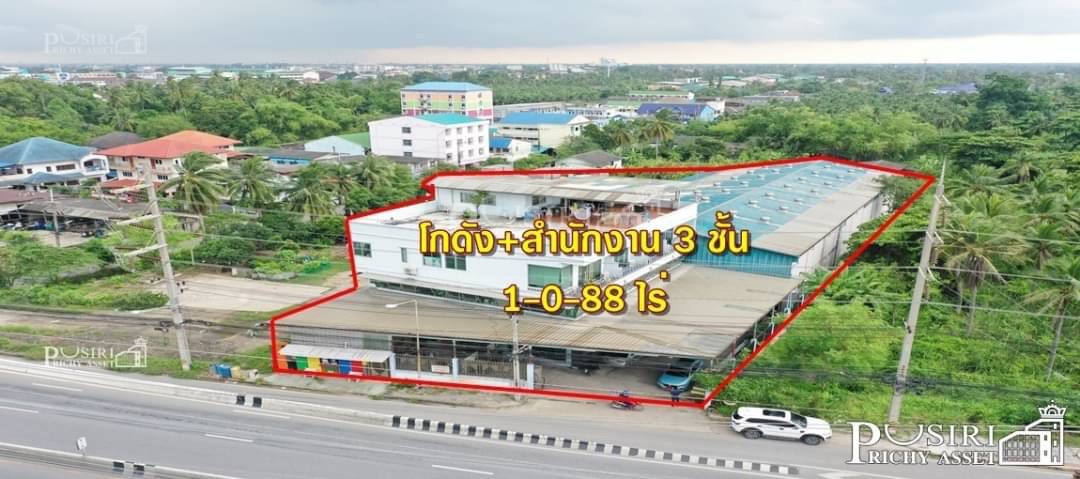 โกดังติดถนนใหญ่ในราคาถนนซอย พร้อมสำนักงาน บ้านพักคนงาน 1 ไร่เศษ ลูกค้าสังเกตุคุณได้ง่าย กู้ผ่านสบายๆ  KK004588s