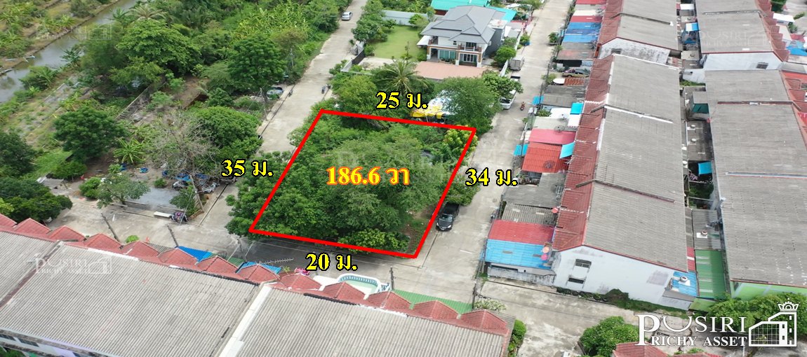 ที่สวยปลูกบ้าน/โกดัง 186.6 วา ติดถนน 3 ด้าน ในซอยค่ายกำแพงเพชร ใกล้เศรษฐกิจ  พุทธสาคร
