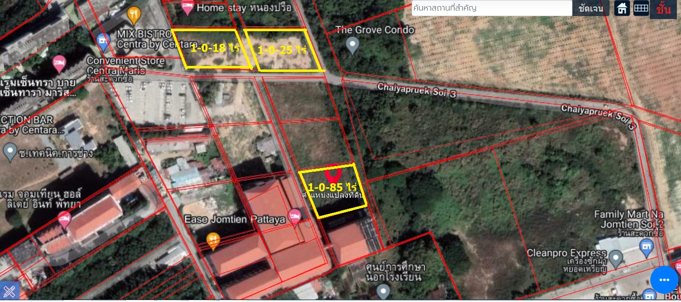  ขายที่ดินใกล้หาดจอมเทียน ซอยชัยพฤกษ์ 3 มี 3 แปลง  2 แปลง ติดกันเนื้อที่รวม 2 ไร่กว่า พื้นที่สีแดง พ.4 (EEC)  อีกแปลง เนื้อที่1 ไร่กว่า ใกล้โรงแรมจอมเทียนออลิเดย์ ใกล้โรงแรมเซนทรามาริส