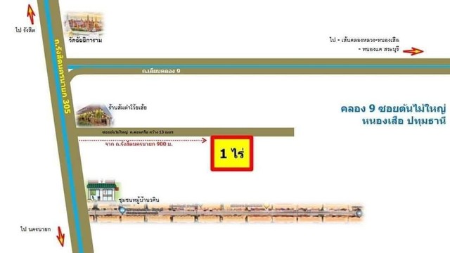 คลอง9 ธัญบุรี(ซ.ต้นไม้ใหญ่) ใกล้ถนนใหญ่รังสิตนครนายก 900 เมตร 1 ไร่
