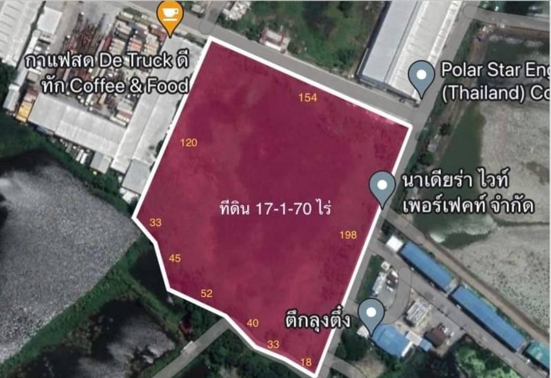 ขายที่ดินถมแล้ว ติดถนน 2 ด้าน มีทั้งหมด 4 แปลงติดกัน เนื้อที่ดิน 17 ไร่ 170 ตารางวา  พื้นที่สีเหลือง บางบ่อ สมุทรปราการ