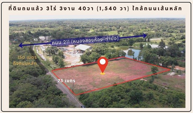 ด่วน โฉนดครุฑแดง ถมเต็มแปลง 3 ไร่ 3 งาน 40 ตารางวา ห่างถนนหลักหกเลน 211 แค่ 150 เมตร ต.พระธาตุบังพวน อำเภอเมืองหนองคาย