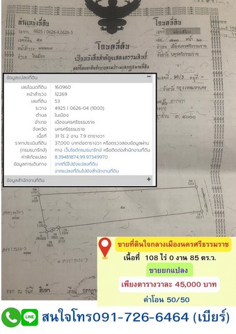 ขายด่วนที่ดินกลางเมืองนครศรีธรรมราช ตำบลศาลามีชัย อำเภอเมืองนครศรีธรรมราช จังหวัดนครศรีธรรมราช