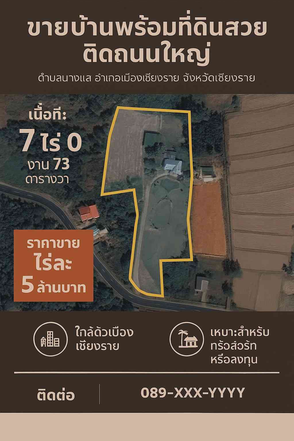 ขายบ้านพร้อมที่ดินแปลงสวย ทำเลทอง ติดถนนใหญ่ จังหวัดเชียงราย