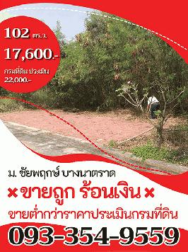 ขายถูก ร้อนเงิน ที่ดิน 102 ตรว. ม ชัยพฤกษ์ บางนาตราด กม. 18 อ. บางพลี ต่ำกว่าประเมินกรมที่ดิน