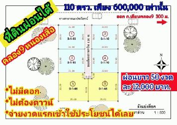 ด่วนๆ ที่ดินผ่อนได้ คลอง 9 หนองเสือ *ไม่มีดอก *ไม่ต้องดาวน์ ผ่อนยาว 50 งวด 110 ตรว. 600,000 บาท